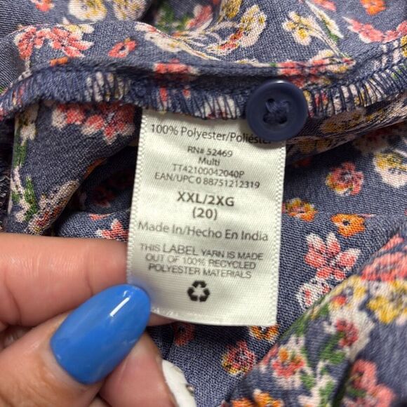 Time and Tru XXL Blue Pink Floral Tiered V Neck Babydoll Dress Long Sleeve Fall - Picture 8 of 10